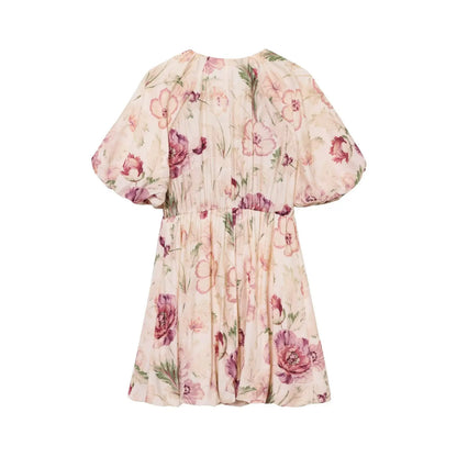 Fashion All-match Puff Sleeve Short Women Dress Round Neck Floral Print Chic New Dress Elegant Summer Woman Clothing
