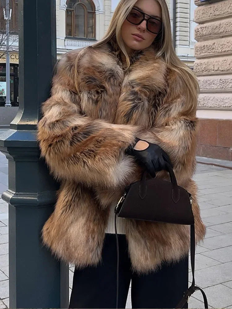 Winter Warm Fluffy Faux Fur Short Coat Women Elegant Lapel Loose Casual Overcoat