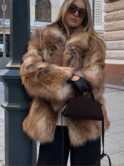 Winter Warm Fluffy Faux Fur Short Coat Women Elegant Lapel Loose Casual Overcoat