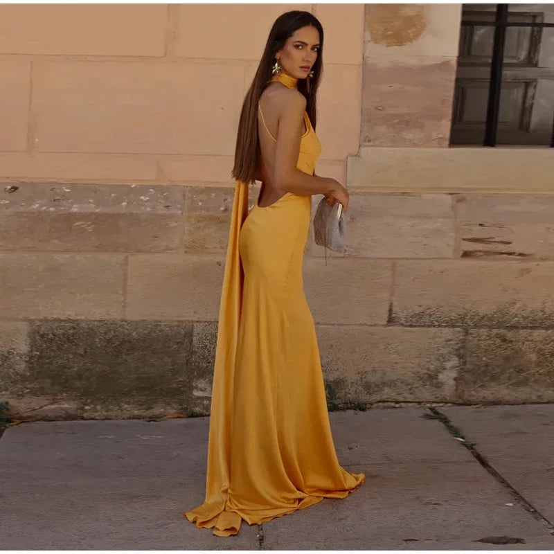 Halter Deep Scoop Back Cape Train Satin Maxi Gown
