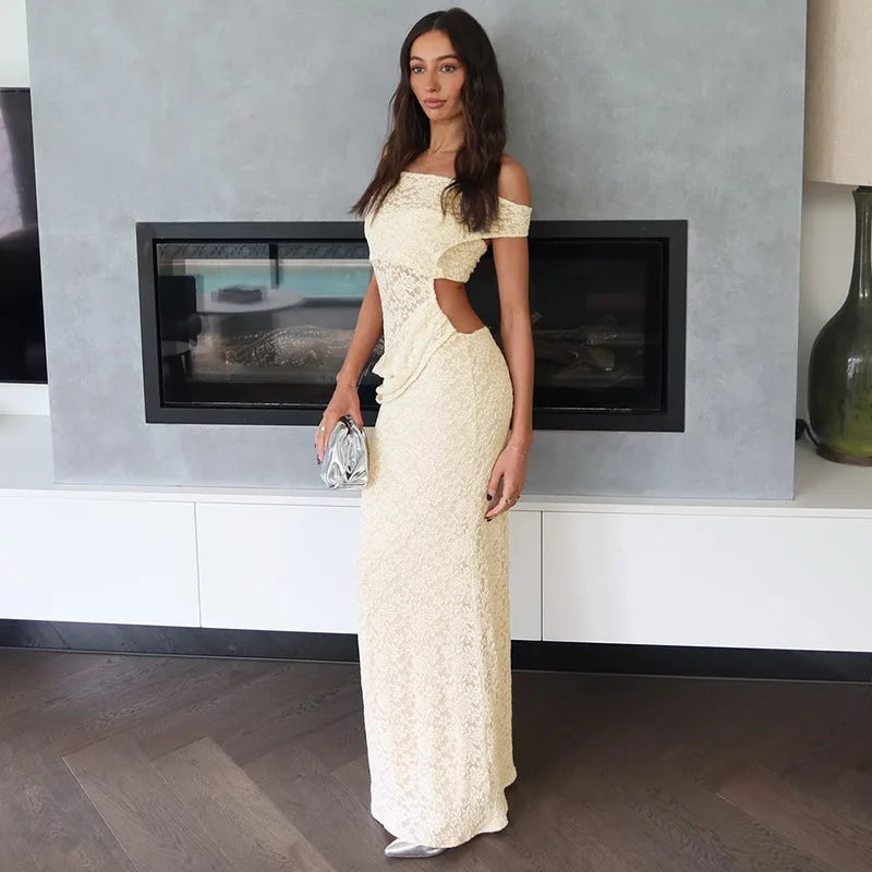 Off Shoulder Floral Lace Asymmetric Neckline Bodycon Maxi Dress