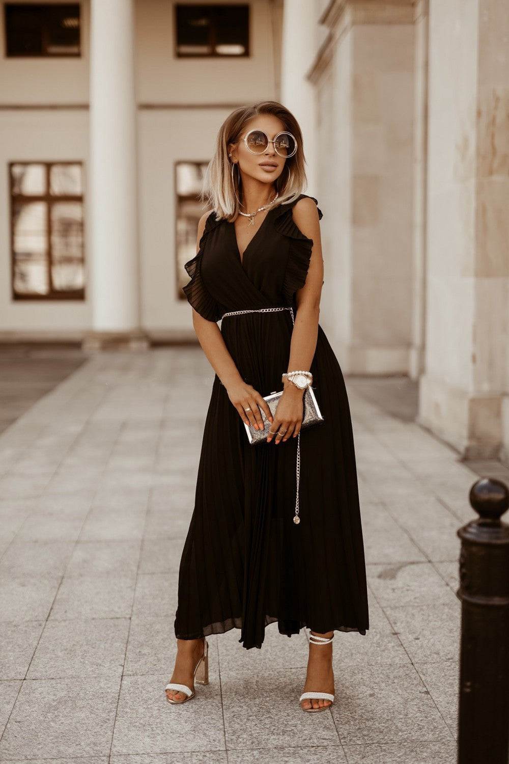 Deep V Wrap Ruffle Cap Sleeve Pleated Self Tie Belt Accordion Maxi Dress