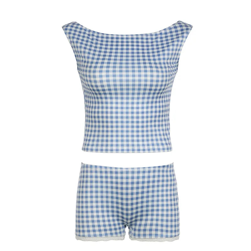 Checkered Printed Lace Low Rise Shorts Set Women Clothing Casual Versatile Tank Outfit Female 2 Pieces Y2K Summer Suit