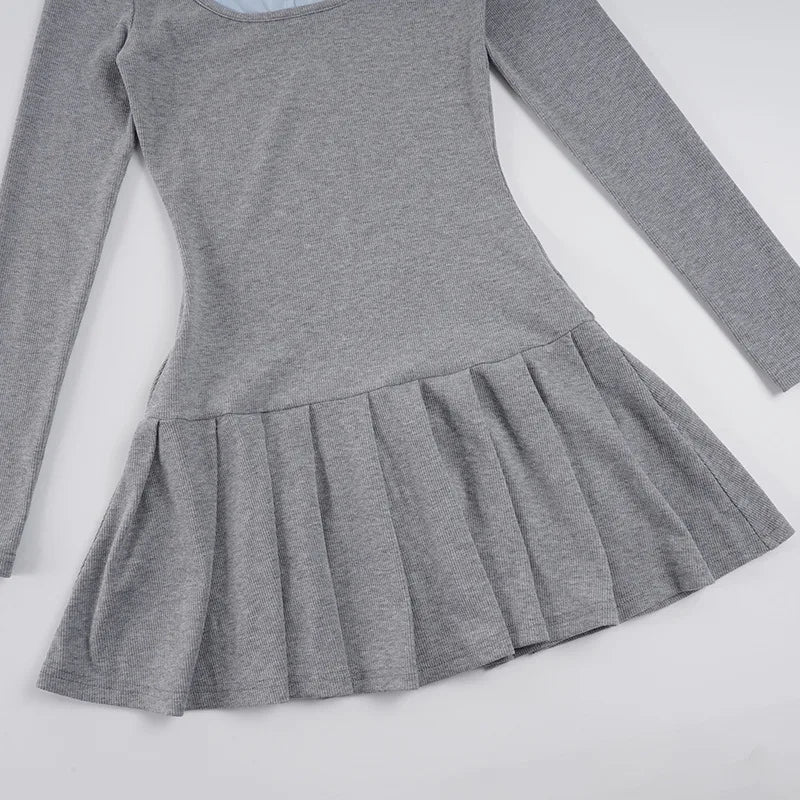Korean Preppy Style Grey Dress Women's Patchwork Lapel Collar Button Long Sleeve Slim Fake Two-Piece Pleated Mini Dress