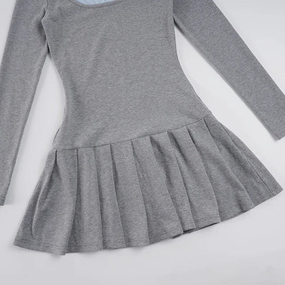 Korean Preppy Style Grey Dress Women's Patchwork Lapel Collar Button Long Sleeve Slim Fake Two-Piece Pleated Mini Dress