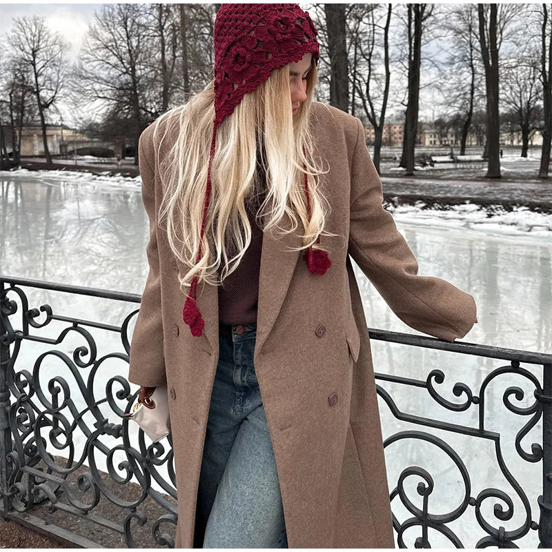 Elegant Solid Double Breasted Long Coat Women Chic Casual Loose Lapel Pad Shoulder Tweed Coats Lady Winter Retro Street Outwear