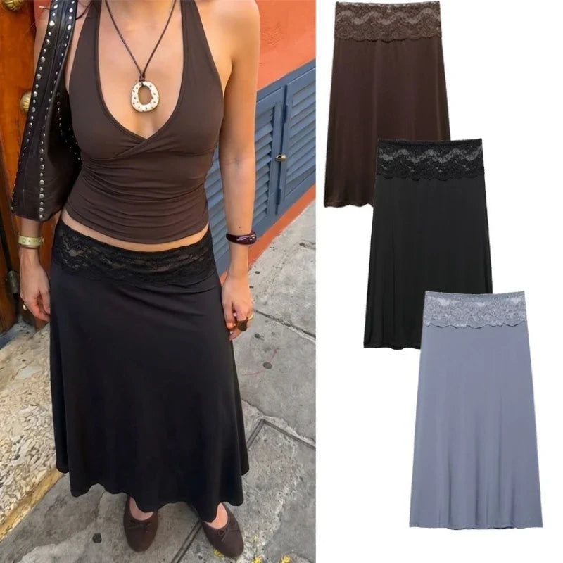 Lace Splicing Mid-Length Skirt Women High-Waisted Fluid Stylish Casual Commuter Skirt Spring Summer New Street Skirt