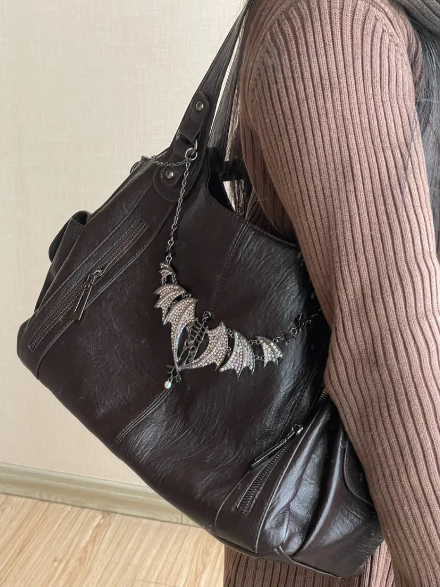 Black Gothic Handbag Y2K Punk Bags Leather Versatile Daily Crossbody Bag Message Tote Bags