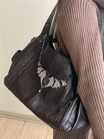 Black Gothic Handbag Y2K Punk Bags Leather Versatile Daily Crossbody Bag Message Tote Bags