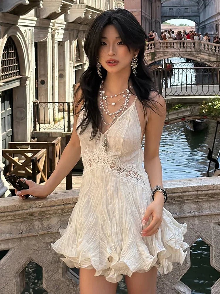 Woman Lace Patchwork Sling Dress Low-Neck Cross Bandage Backless Puffy Hem Sweet Girls Birthday Party Elegant Bodycon