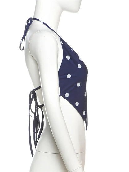 Sexy Polka Dot Print 2-Piece Set Women Halter Bandage Halter Backless Sleeveless Mini Tops+Straight Skirt Matching Suit