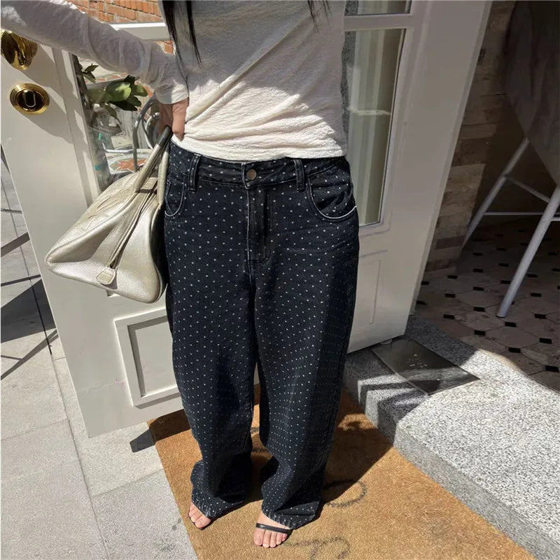 Women's Y2K Polka Dot Wide Leg Jeans High Waist Loose Fit Baggy Denim Pants Retro Vintage Streetwear Casual Daily Outfit