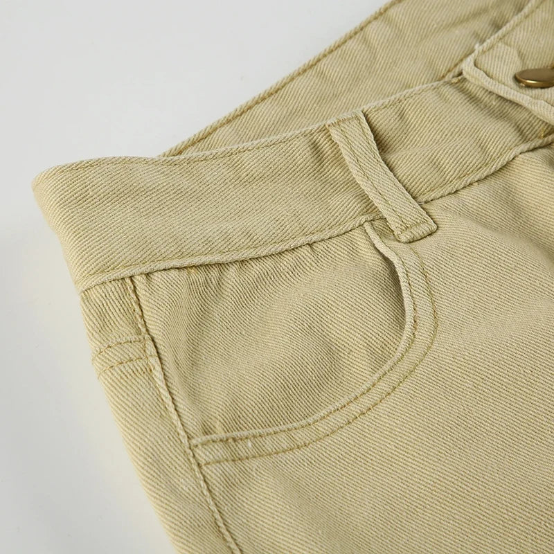 Y2K Casual Women Straight Jeans Khaki Fashion Pocket Cargo Pants Retro 90s Loose Denim Trousers Spring High Street