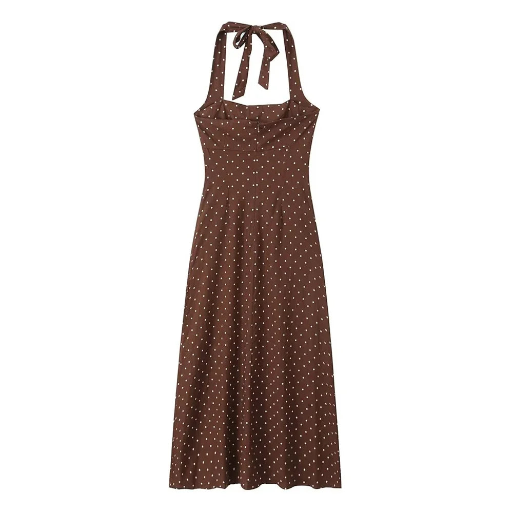 summer new women's fashion elegant temperament backless halter neck polka dot slim long skirt