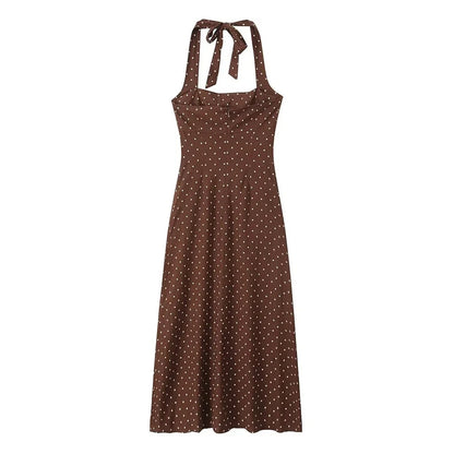 summer new women's fashion elegant temperament backless halter neck polka dot slim long skirt