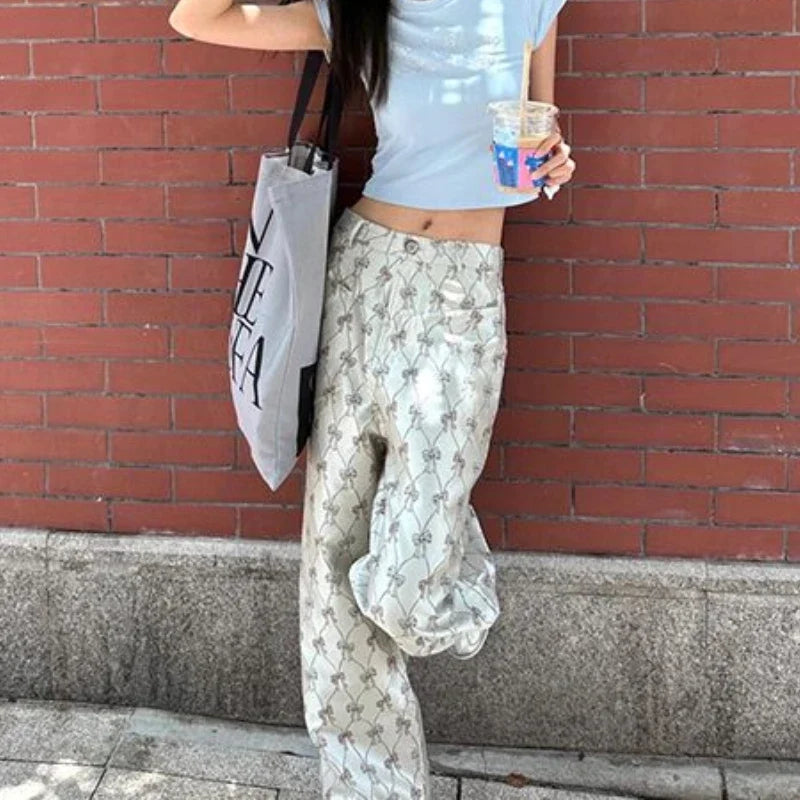 Y2k Vintage Baggy Pants Woman America Retro Casual Wide Leg Bow Print Trousers Sweet Harajuku High Street Pantalones