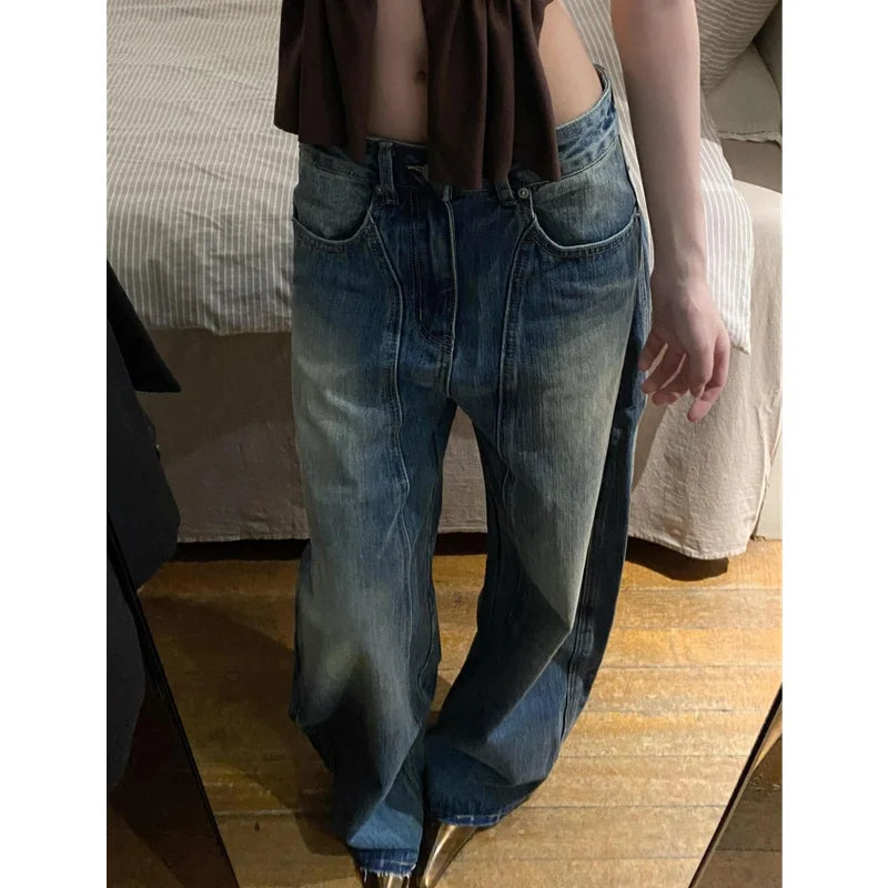 Blue Jeans Women 90s Vintage Personality High Waisted Straight Trouser Streetwear Casual Loose Girl Wide Leg Classic Denim Pants