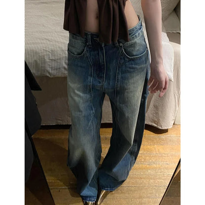 Blue Jeans Women 90s Vintage Personality High Waisted Straight Trouser Streetwear Casual Loose Girl Wide Leg Classic Denim Pants
