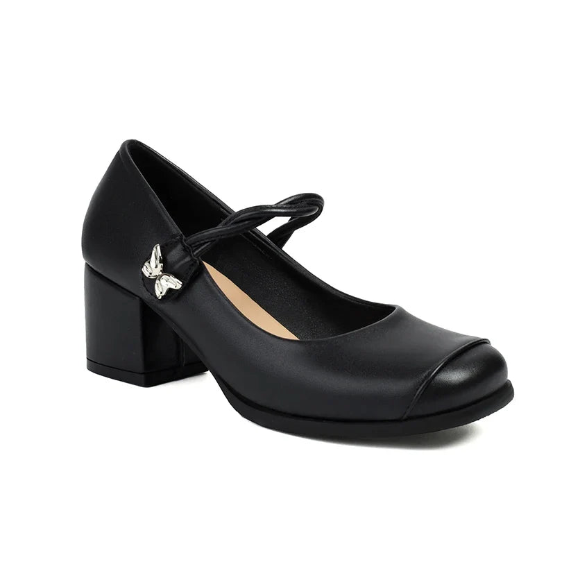 Plus Size Round Toe Thick Heel Metal Butterfly Decoration Office Lady's Shoes With Crossed Thin Straps And Shallow Mouth Pumps