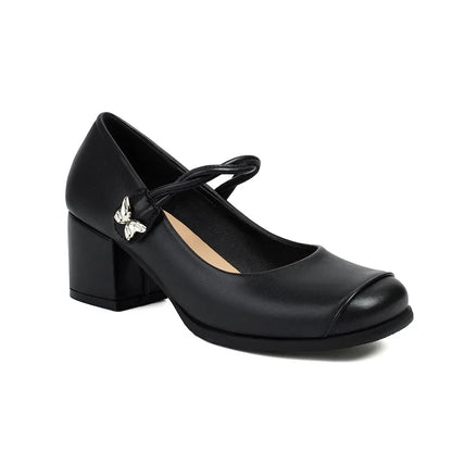 Plus Size Round Toe Thick Heel Metal Butterfly Decoration Office Lady's Shoes With Crossed Thin Straps And Shallow Mouth Pumps