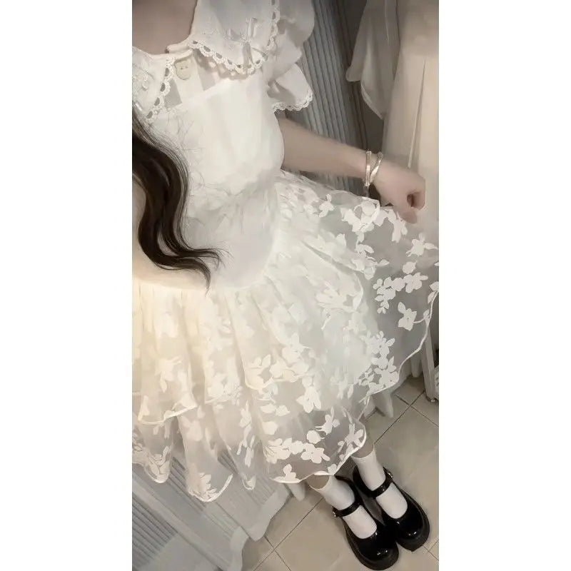 Lolita cute girl sweet little fresh lace splicing doll collar blouse mesh halter tutu skirt set