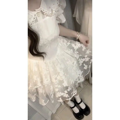 Lolita cute girl sweet little fresh lace splicing doll collar blouse mesh halter tutu skirt set