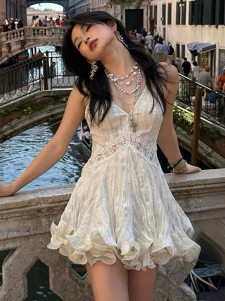 Woman Lace Patchwork Sling Dress Low-Neck Cross Bandage Backless Puffy Hem Sweet Girls Birthday Party Elegant Bodycon
