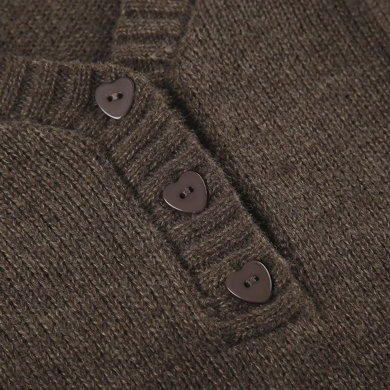 Y2K Brown V-neck Hooded Sweater Vintage Basic Slim Button Up Knitted Pullovers Autumn Casual Streetwear Outfits Lady