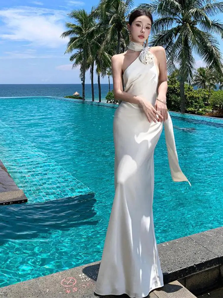 French Summer Beige Temperament Sexy Club Backless Halter Long Dress Rose Vintage Sleeveless Off Shoulder Elegant Party Dresses