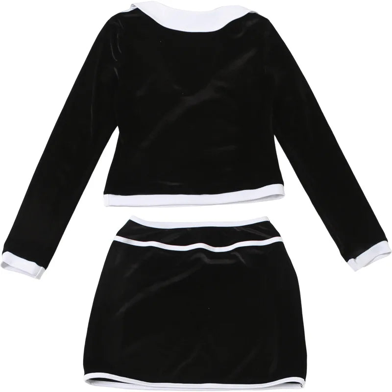 Bow Color Patchwork Velvet 2 Piece Set Women Elegant Sexy Peter Pan Collar Long Sleeve Tops + Bodycon Mini Skirts Casual Suits