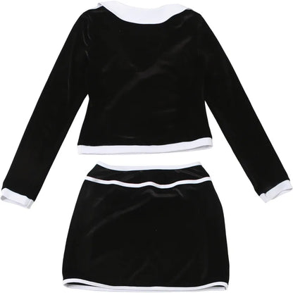 Bow Color Patchwork Velvet 2 Piece Set Women Elegant Sexy Peter Pan Collar Long Sleeve Tops + Bodycon Mini Skirts Casual Suits