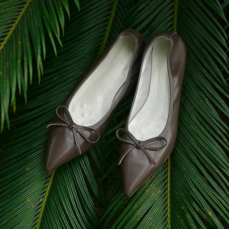 Women Flats French Style Sheepskin Ballets Woman Simple Shoe Spring Autumn Retro Pumps Flat Heel Square Toe Bowtie Footwear