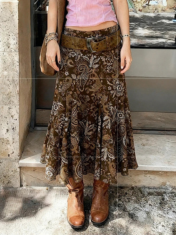 Women's Vintage Brown Floral Print Maxi Skirt New Spring Summer Retro Style A Line Long Skirt Casual Boho Outfit No Belt