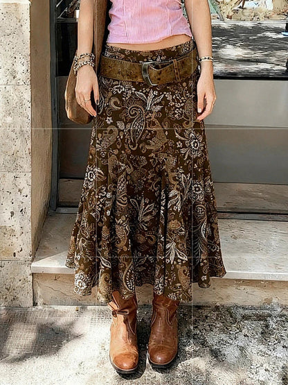 Women's Vintage Brown Floral Print Maxi Skirt New Spring Summer Retro Style A Line Long Skirt Casual Boho Outfit No Belt
