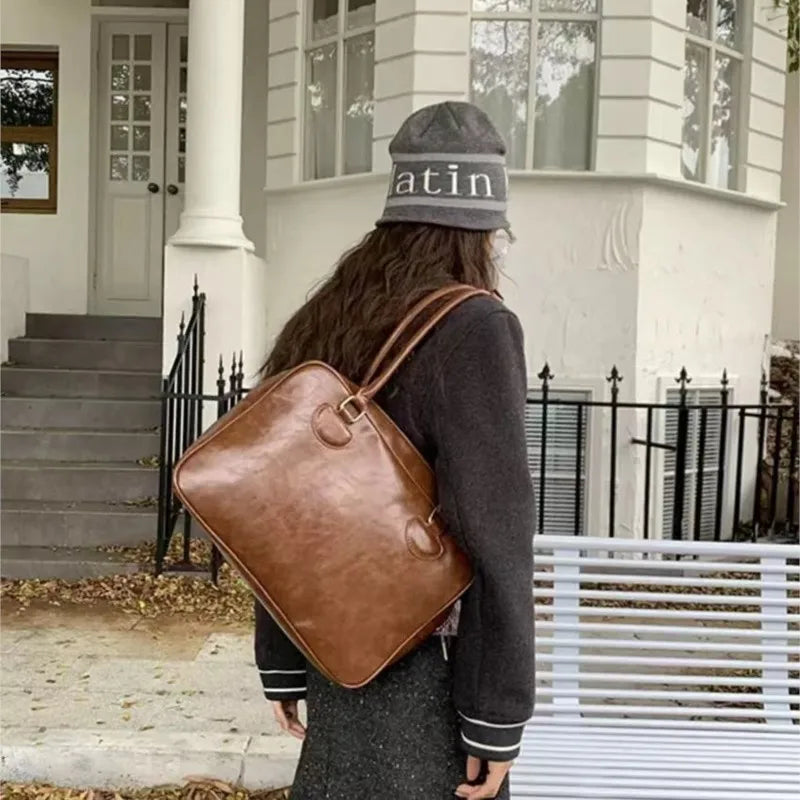 Japanese Retro Brown Tote Bag Women Ladies Waxed Leather Large Capacity Handbag Ladies Preppy Style Commuter Simple Shoulder Bag