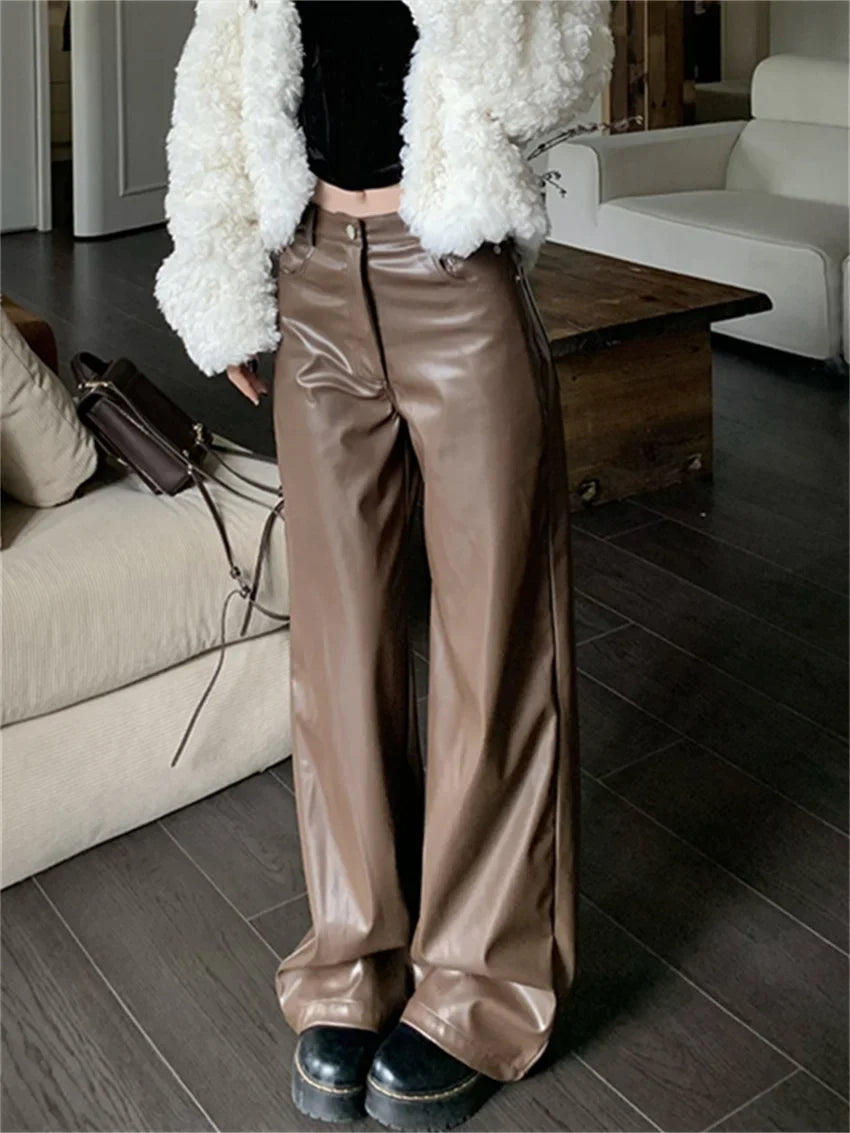 Casual Slim Faux PU Pants Women Chic Slim Autumn Office Lady High Street Fashion New Daily Fashion Loose