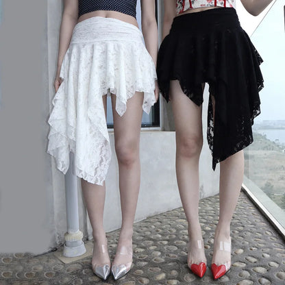 Holiday Solid Color Lace Ruffled Skirt For Women Sexy Low Waist Irregular Mini Skirt Splice Hot Girl Clubs Party Skirt