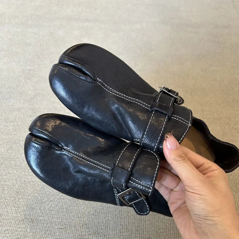 Retro Designer Split Toe Pumps Buckle Strap Women Comfort Bottom Shoes Soft Leather Outdoor Footwear Zapatos Mujer
