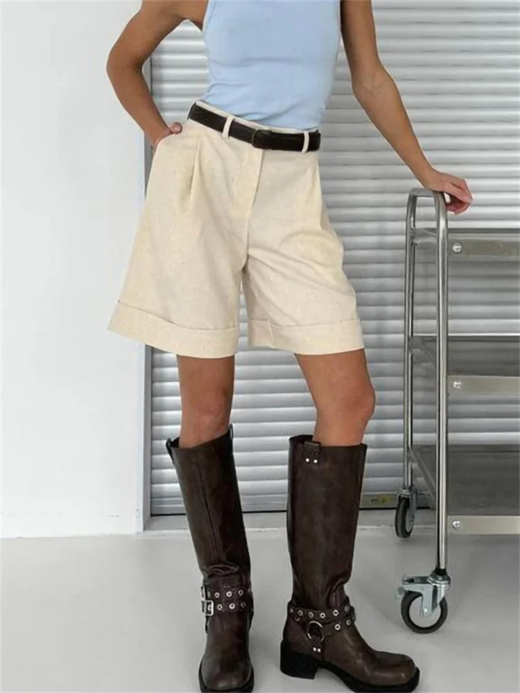High Waisted Bermuda Shorts Women Elegant Pleated Wide Leg Shorts Linen Cuffed Office Lady Summer Shorts Casual Cotton New