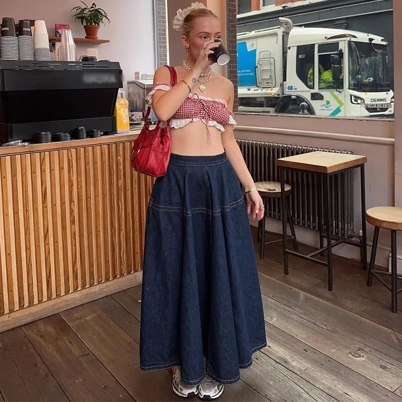 Vintage Denim Vest Skirt Women Outfit Elegant Slash Neck Tank Top Pleated Zippers Mid Skirts Summer Fashion Lady Set