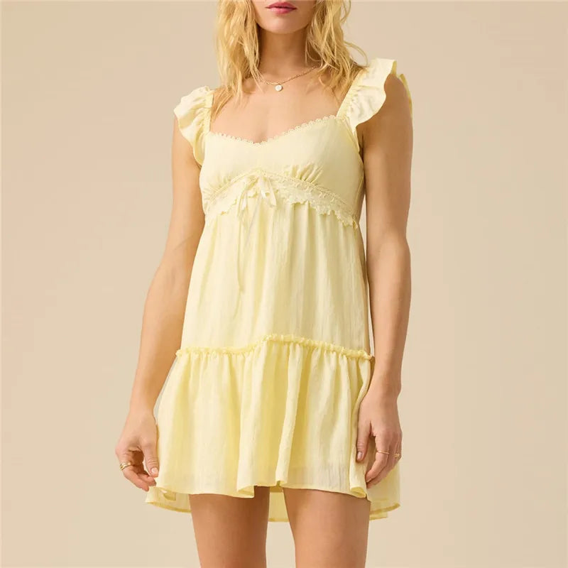 V Neck Tiered Swing Dress with Smocked Back for Summer Casual Beach Party Women's Ruffle Sleeve Lace Trim Babydoll Mini Dress