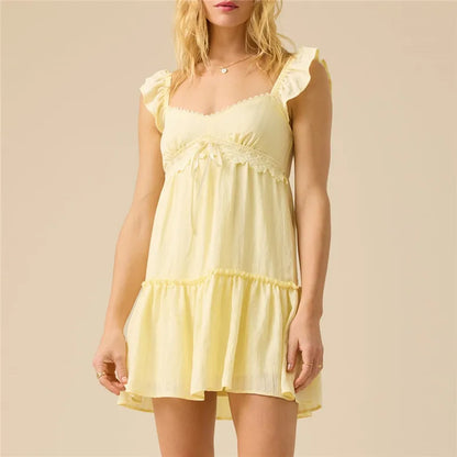 V Neck Tiered Swing Dress with Smocked Back for Summer Casual Beach Party Women's Ruffle Sleeve Lace Trim Babydoll Mini Dress