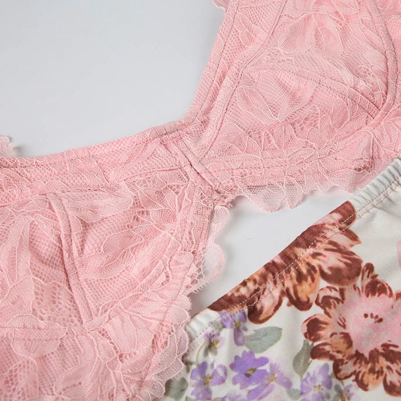 Flower Print Lace Trim Cut Out Camisole Dresses Sleeveless Spliced Skinny Side Split Sexy Elegant Frocks