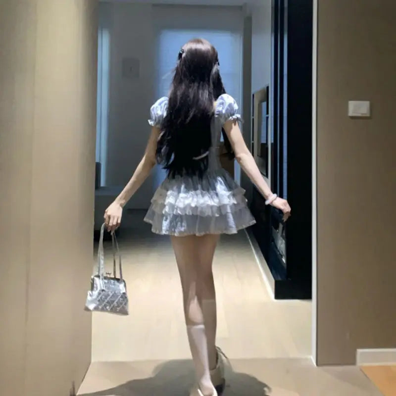 Sweet and Cute Puff Sleeve Slim Bodysuit for Women's Summer Lace Fluffy Cake Skirt Two-piece Set