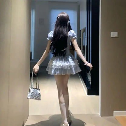 Sweet and Cute Puff Sleeve Slim Bodysuit for Women's Summer Lace Fluffy Cake Skirt Two-piece Set