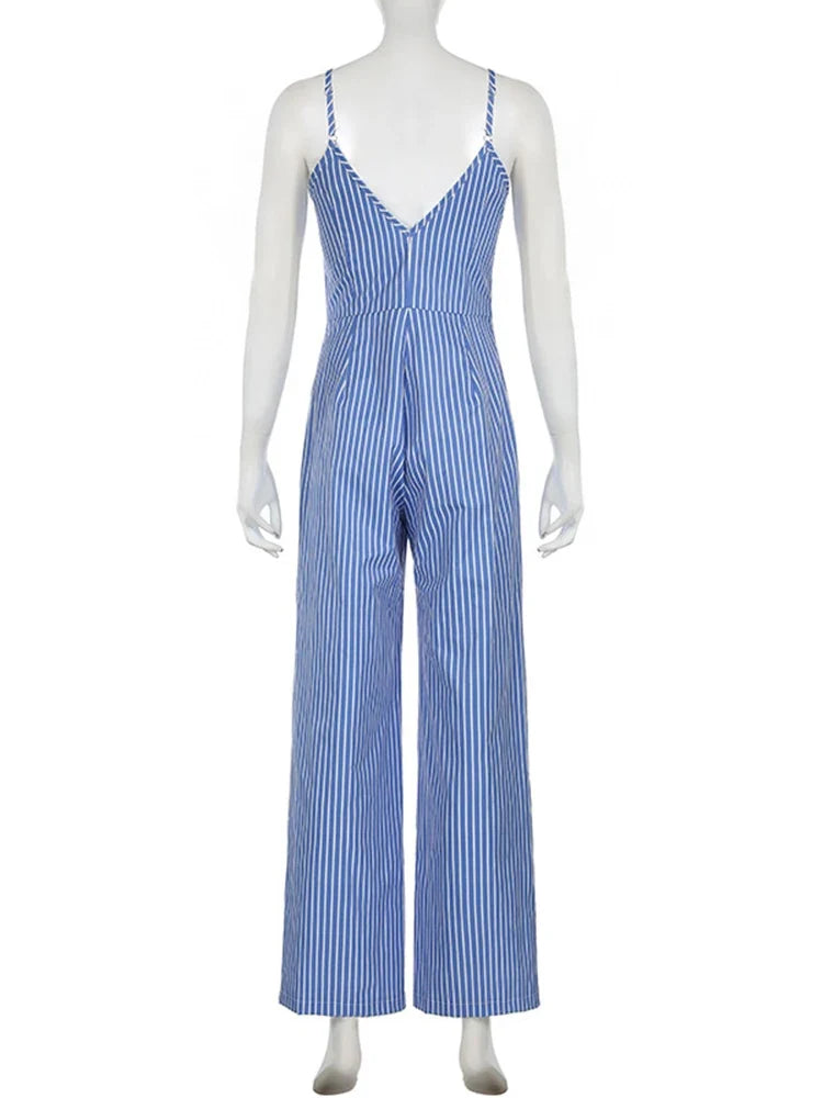 Fashion Causal Contrasting Stripes Long Jumpsuits Sexy Suspenders Deep V Backless Relaxed Fit Pants Summer Women Clothes