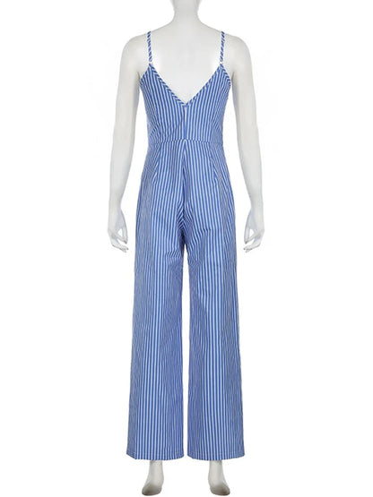 Fashion Causal Contrasting Stripes Long Jumpsuits Sexy Suspenders Deep V Backless Relaxed Fit Pants Summer Women Clothes