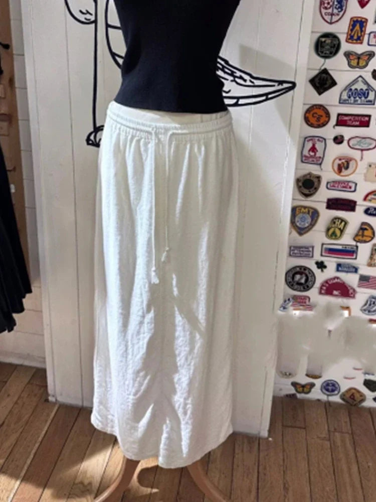 Casual Women Beige Skirts Summer Sweet High Waist Drawstring Skirts Solid Color Female Chic Bottoms