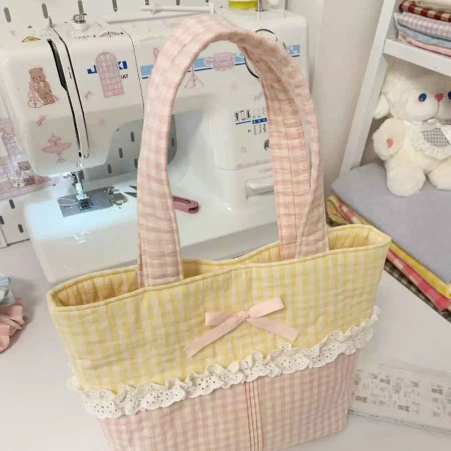 2024 Spring New Small Yellow Grid Colored Lace Sweet Cute Handbag Causal Korean Chic Shoulder Underarm Tote Bags