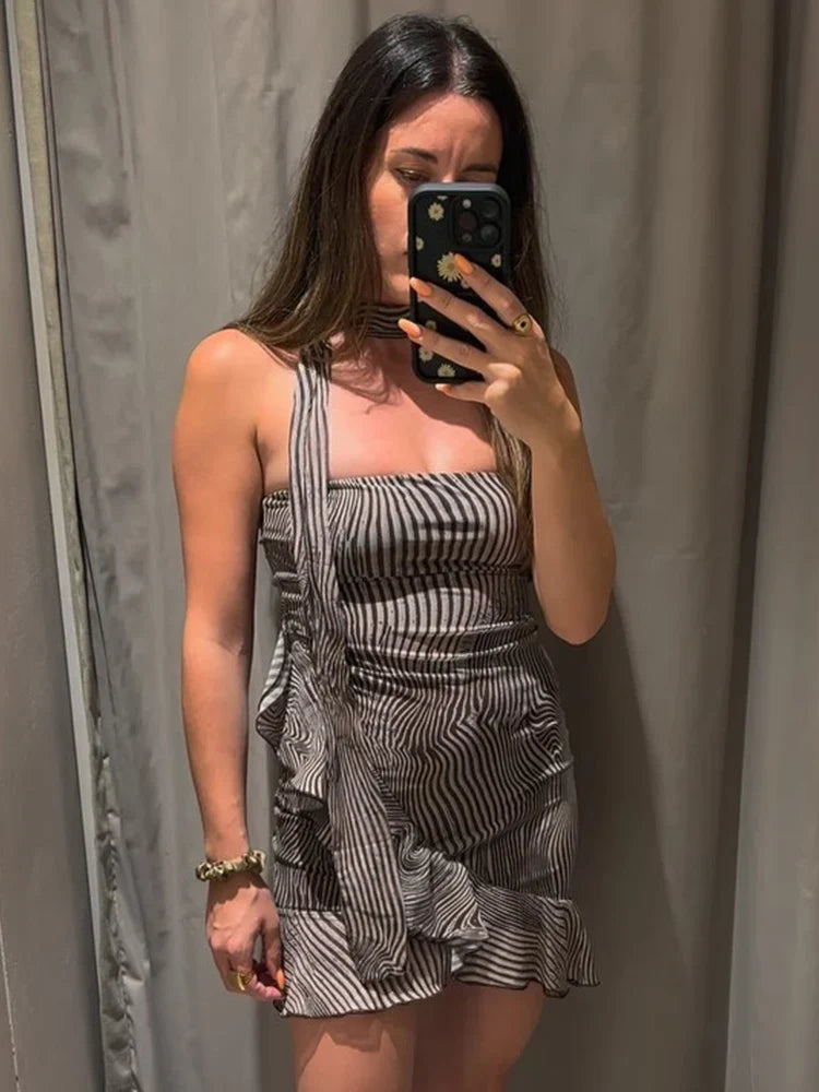 Woman Sexy Backless Halter Neck Beach Party Mini Dress 2024 Women FashionWavy Pattern Print Ruffle Strapless Dress